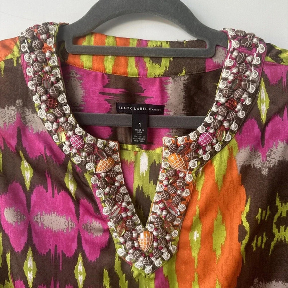 Black Label by Chico's Size 1 (Medium) Multicolor Beaded 3/4 Sleeve Tunic Blouse - Picture 3 of 8